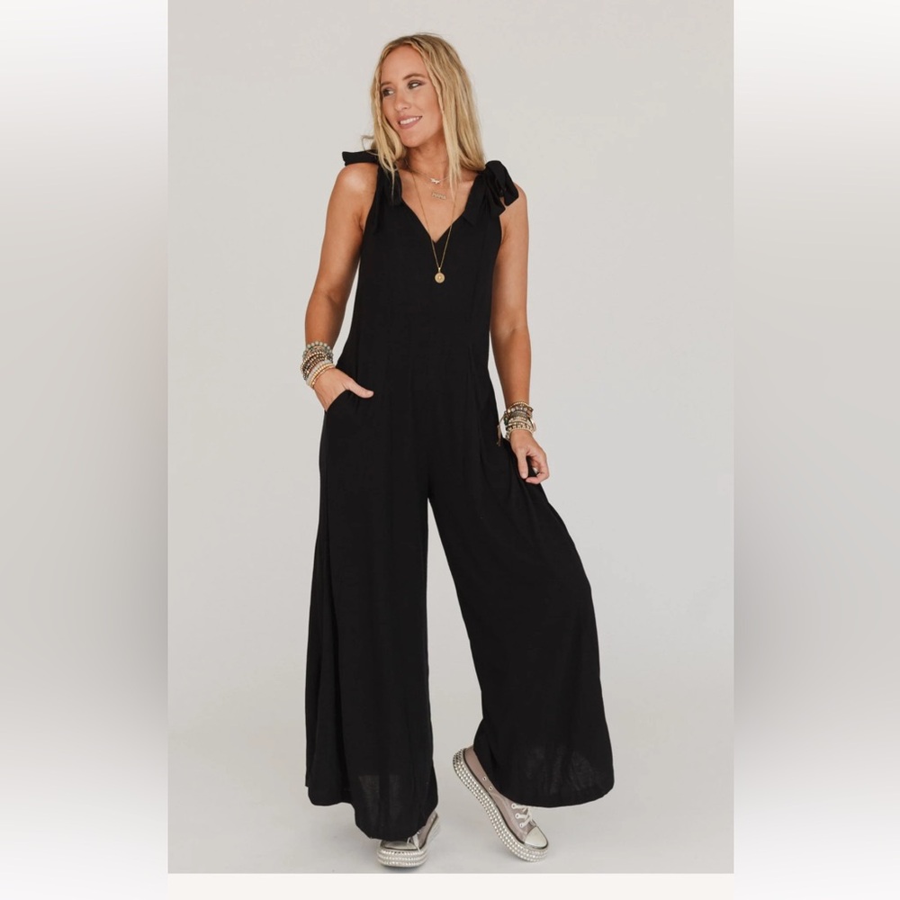 Three Bird Nest Black Wide-Leg Jumpsuit with V-Neckline